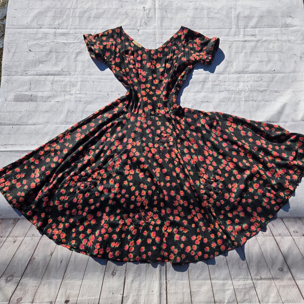 Vintage 1950s Jonathan Logan Floral Tea Dress Black Pink Tulip XS Cottagecore